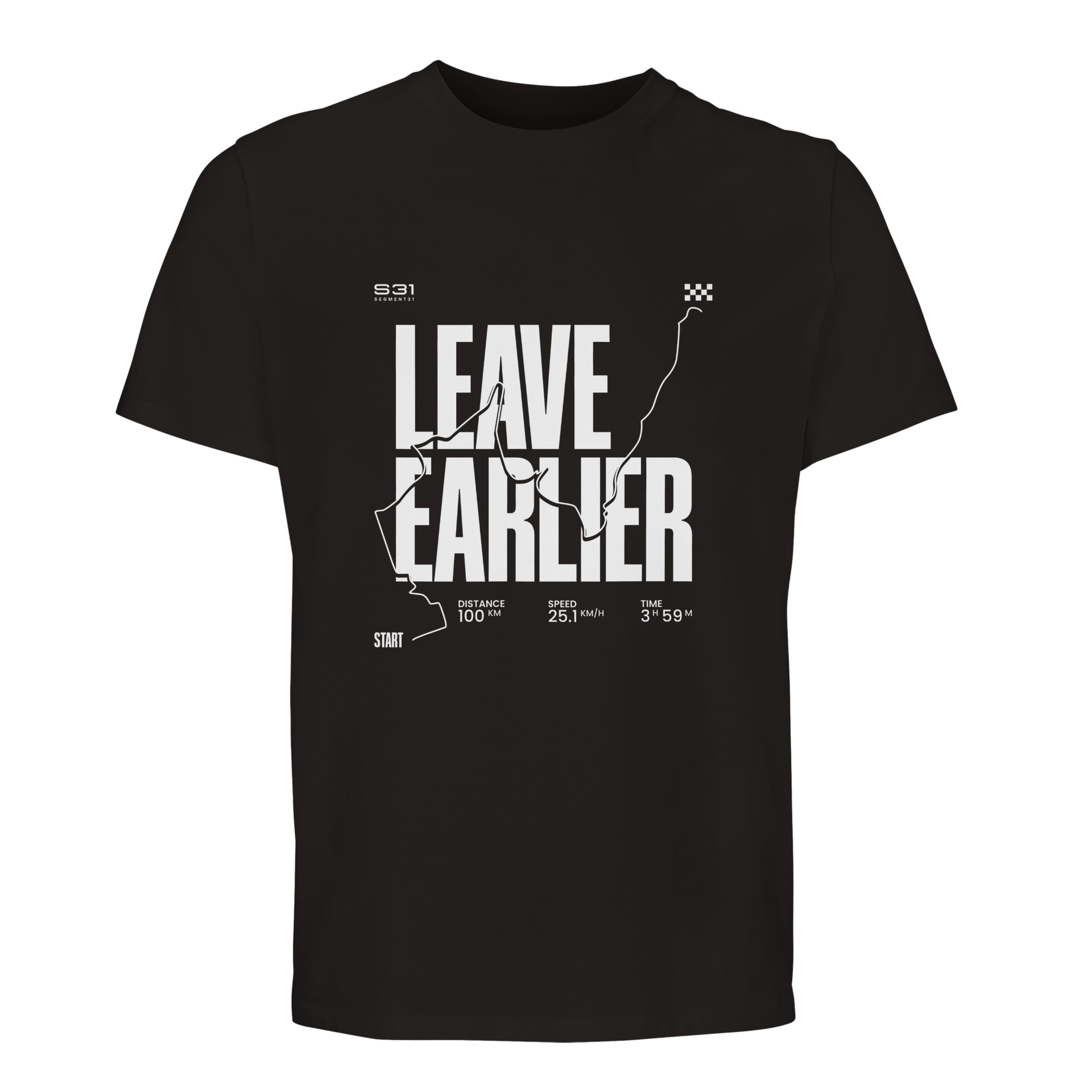 Drop 002 tee front: LEAVE EARLIER 100km route print